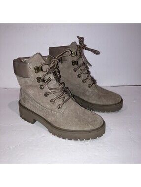 Timberland Boots Womens Size 7 Taupe Suede Ankle Combat Lace Up Lug Sole A3519